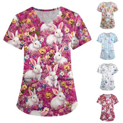 Women's Fashion V-Neck Short Sleeve Overalls With Pockets Easter Print Tops  Clothes