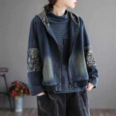Autumn Artistic Retro Splicing Hooded Cowboy Jacket Women's Short Style Loose Casual Clothing Spring Hooded Denim Coat