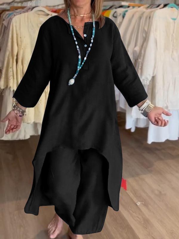 Women's Solid Color Casual Cotton Linen Long-Sleeved Summer Set