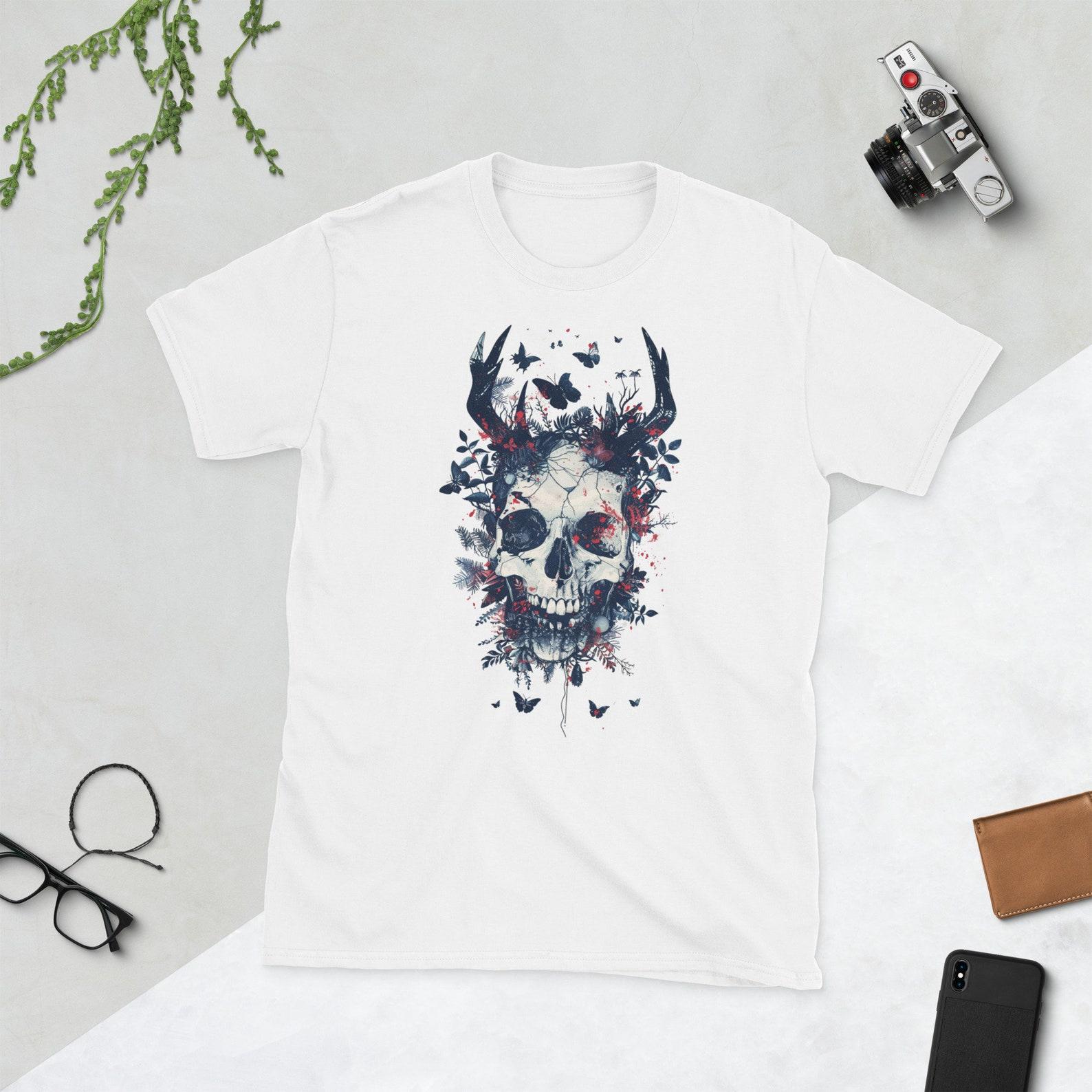 Floral Skull with Antlers T-Shirt: Gothic Nature Graphic Tee 4XL