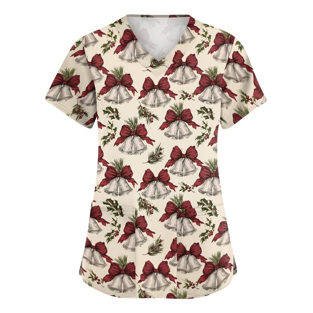 Women's Fashion Christmas Print V-Neck Short Sleeve Caregiver Work Top with Pockets