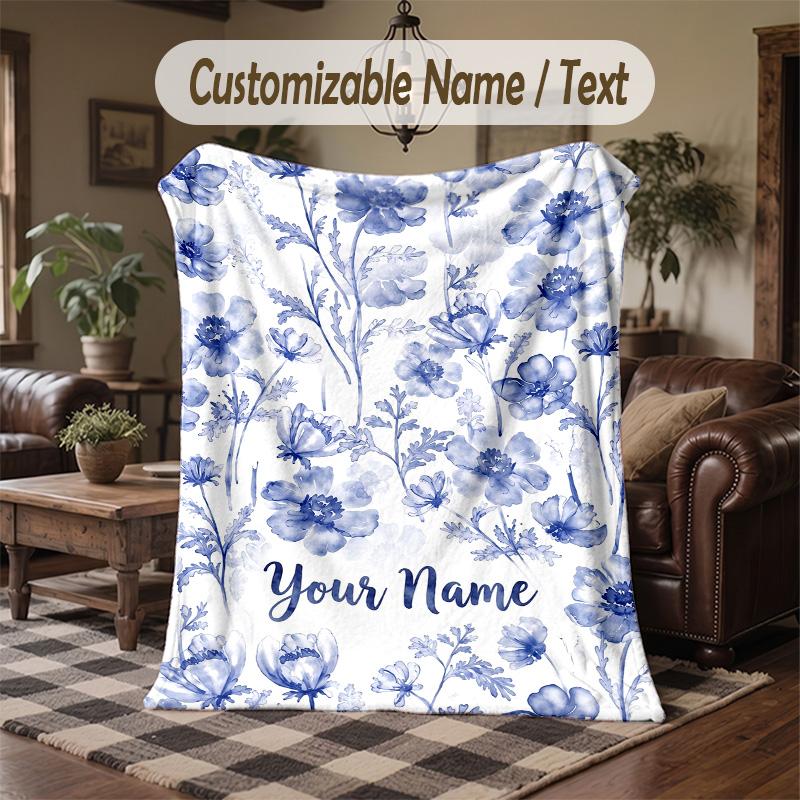 Blue Floral 1 Theme Throw Blanket Custom Name Text Personalized Blanket Soft Cozy Blanket for Home Sofa Bed