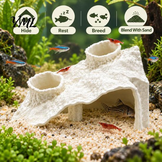 Shrimp Shelter Aquarium Corner Hideout, under Gravel Betta Fish Cave Tunnel, Breeding Stone-Look Hideout Viewing Tunnel for Tank Small Hideaway