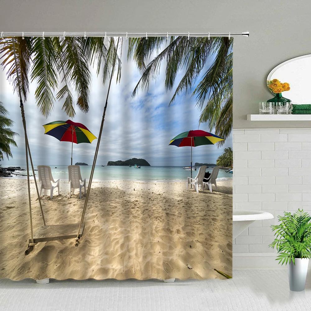 Palm Tree Ocean Scenery Shower Curtains Beach Sea Landscape Waterproof Polyester Fabric Bathroom Decor Bath Curtain with Hooks