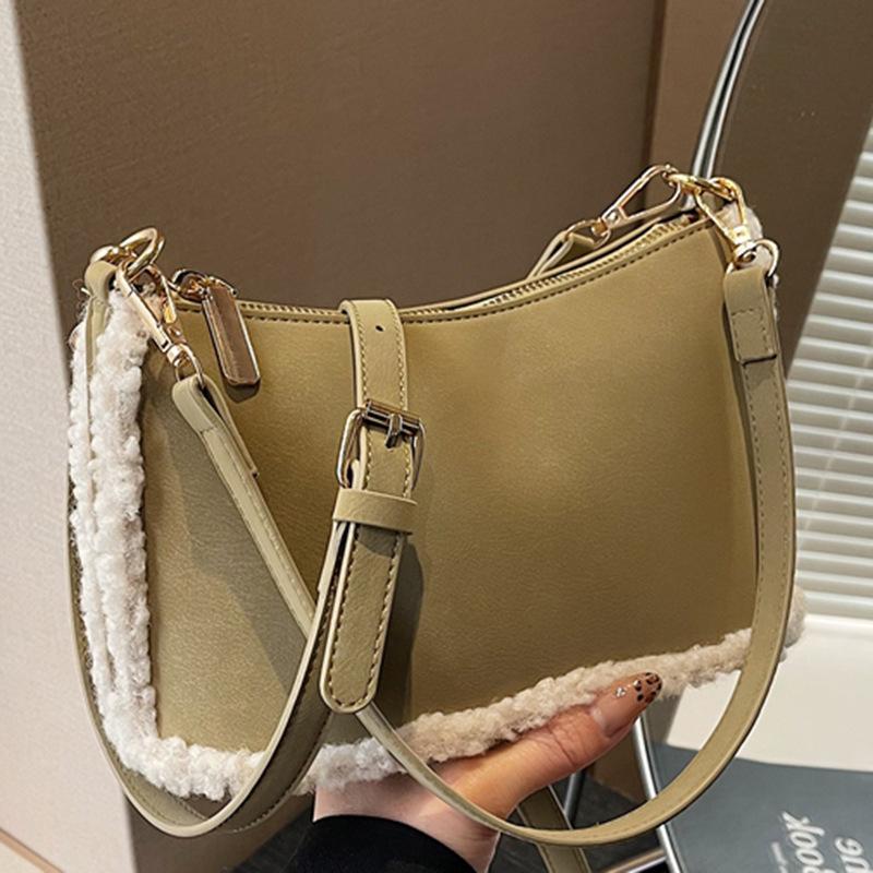 Retro Matte Shoulder Bag Women's Autumn New Lamb Wool Splicing Underarm Bag Commuter Messenger Bag Women's Bag