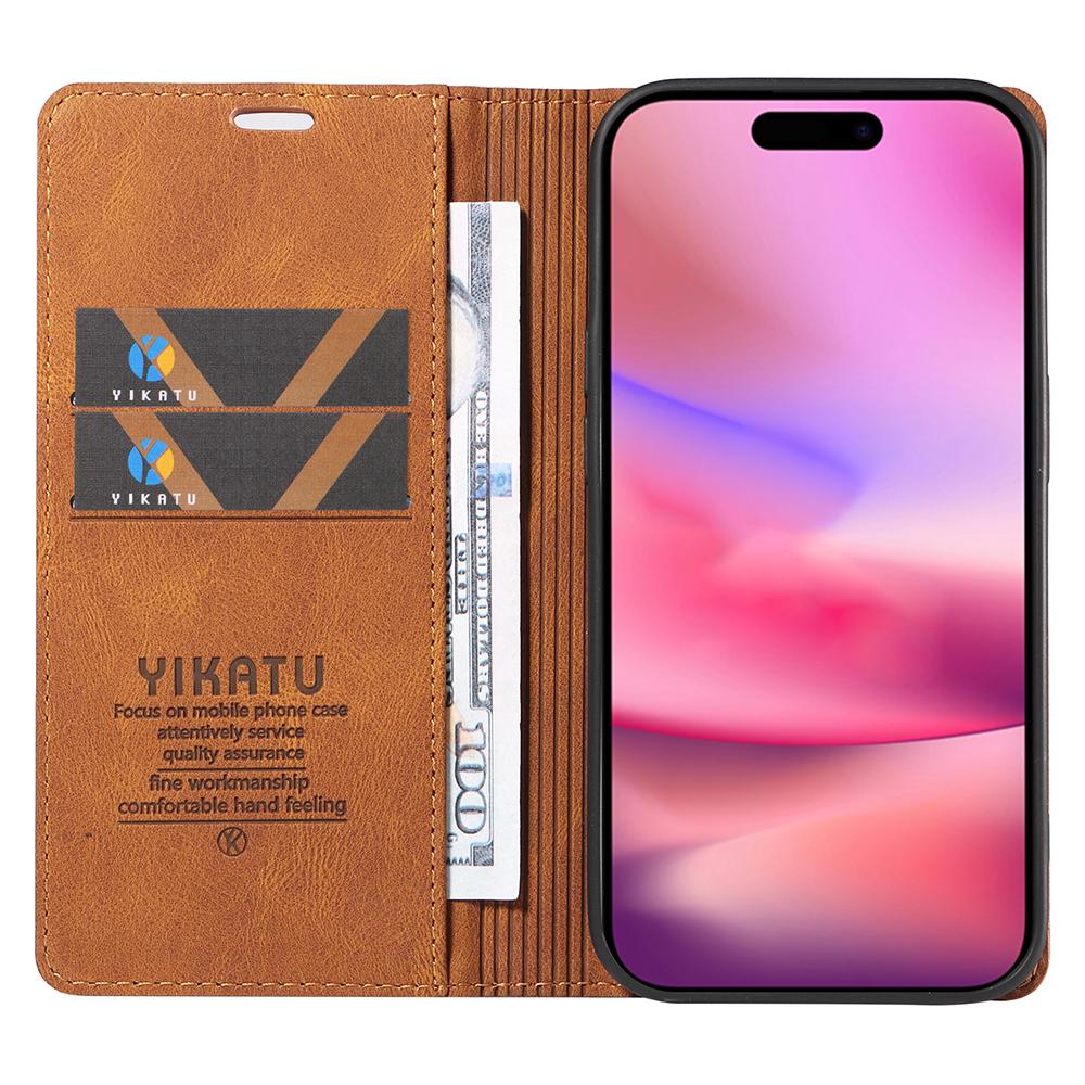 

YIKATU YK-004 For iPhone 16 Case Magnetic Closing Wallet Phone Leather Cover Brown