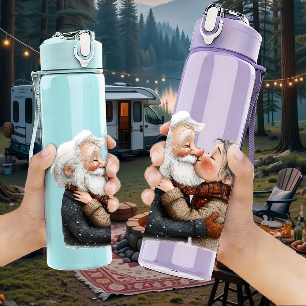 1PC Warm Hug Old Couple Portrait Pattern 750ml Color Plastic Sports Water Bottle Leakproof Flip Straw Lid Suitable for Sports Office Home Use