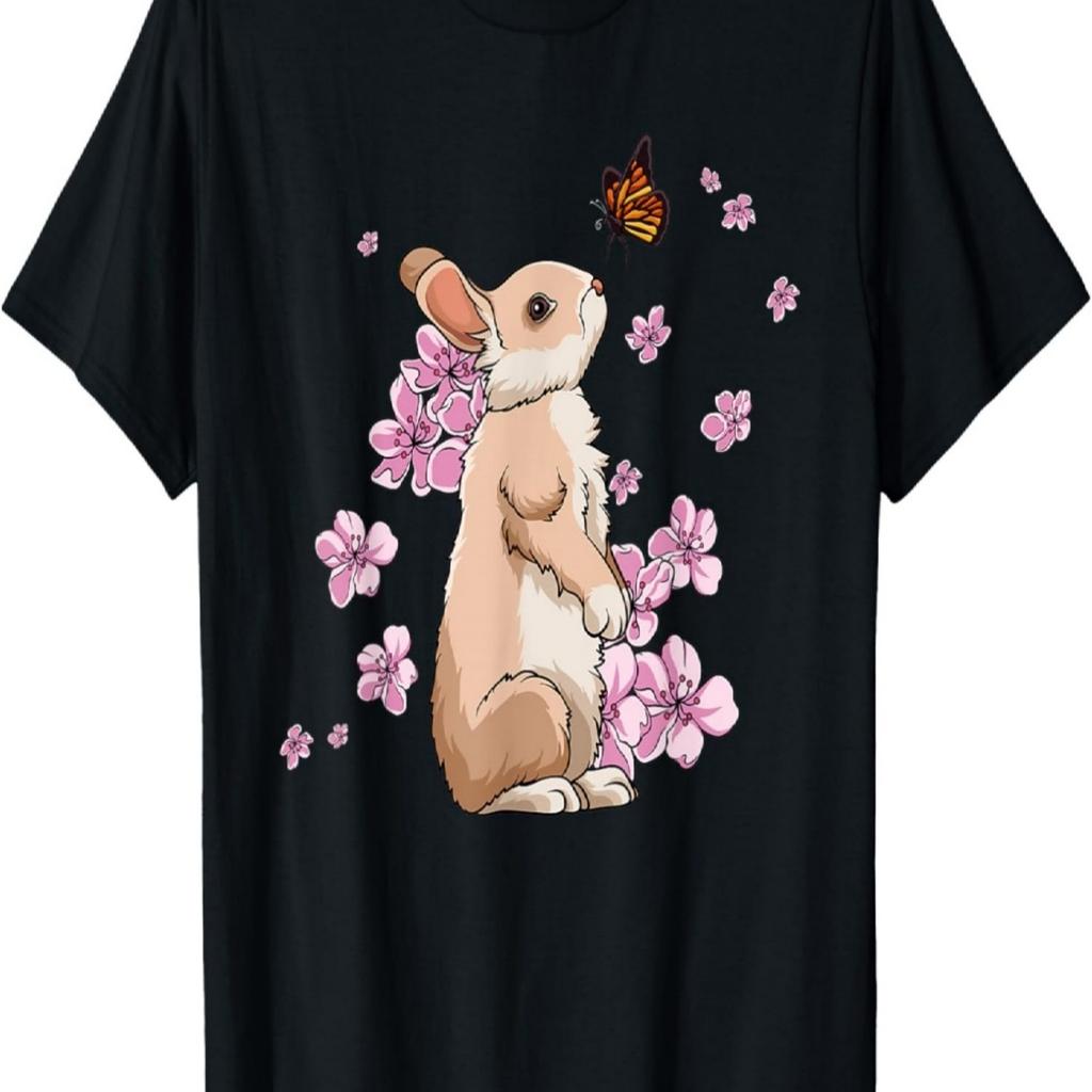 Rabbit With Butterfly Sakura Cherry Blossom T-Shirt