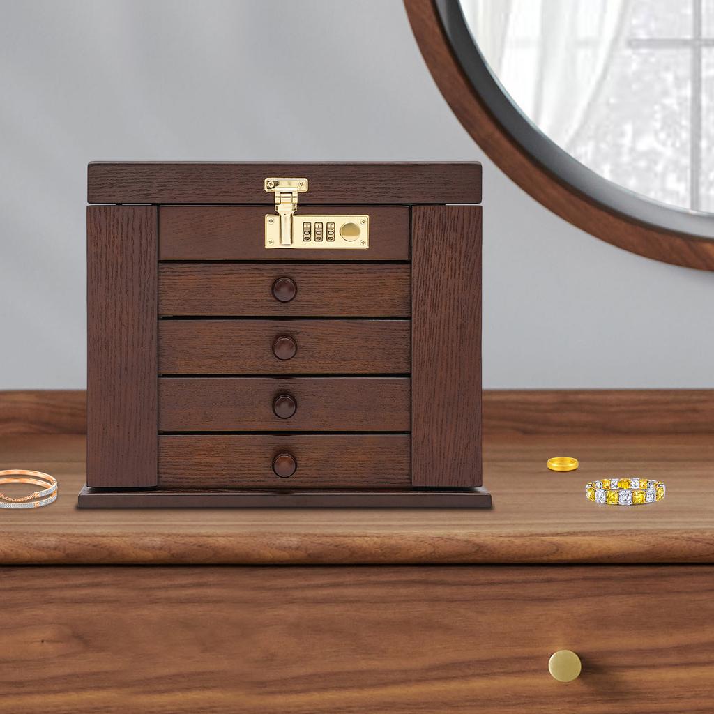 Rustic Jewelry Storage Organizer Box with Combination Lock, Tabletop 10.8x7.5x9 Inches, Multi-Compartment for Rings Earrings