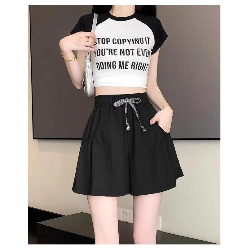 Women's Summer Thin Skirt Yoga Pants Ice Silk Wide Leg Shorts Solid Color Pocket Lace Up Short Pants