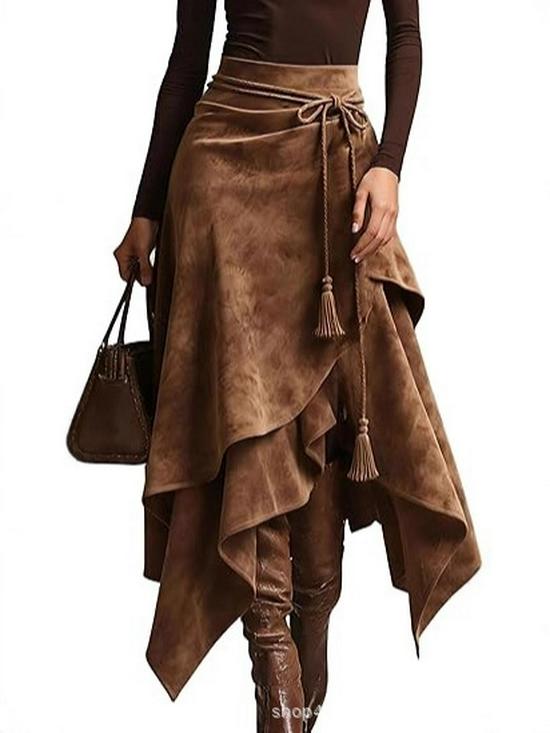 Fustă Retro din Piele de Cămilă pentru Femei cu Ciucuri de Pluș și Design cu Șireturi