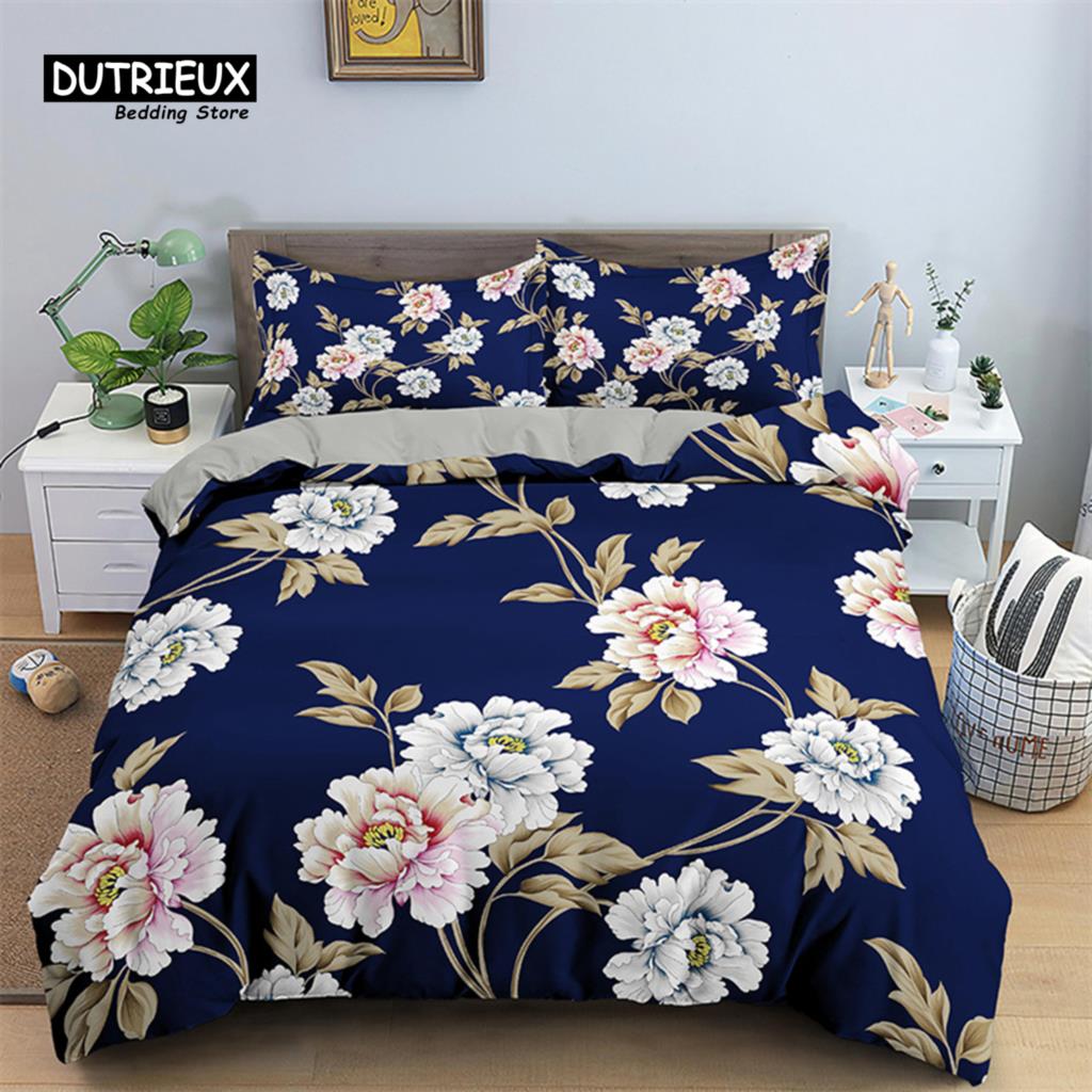 Blumiger Bettbezug Blumen Blätter King Bettwäscheset Frühlingsblüte Garten Bettdeckenbezug Bauernhaus Blütenblätter Botanischer Steppdeckenbezug