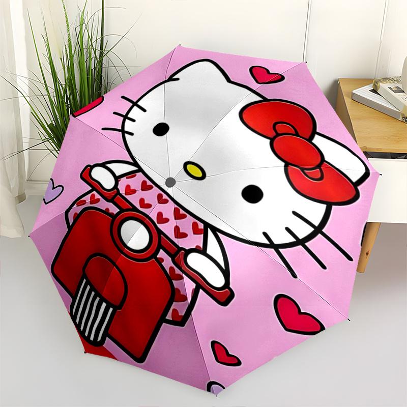 1pc Hello Kitty Heart Print Umbrella - Automatic Open/Closed, Portable Folding Design, 8-Rib Iron Frame, Outdoor, Ideal Gift for Fans, Travelers, Dail