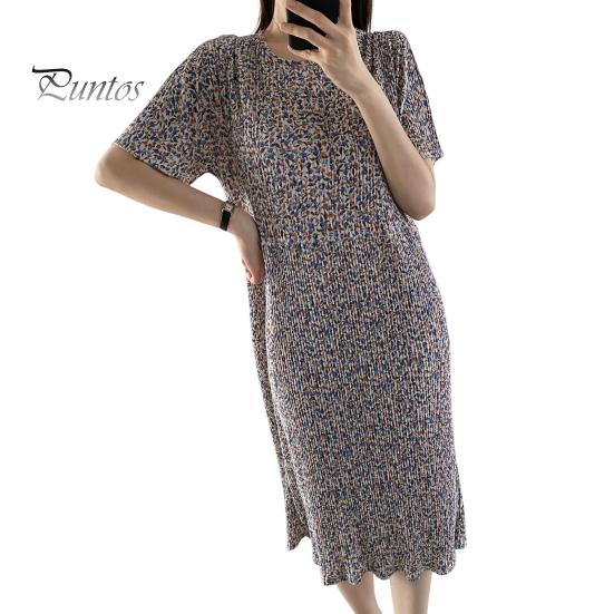 Letnia sukienka damska Mały kwiatowy nadruk Wycięcie pod szyją Luźne, krótkie rękawy Plisowany sweter do połowy łydki Randki Zakupy Sukienka Midi