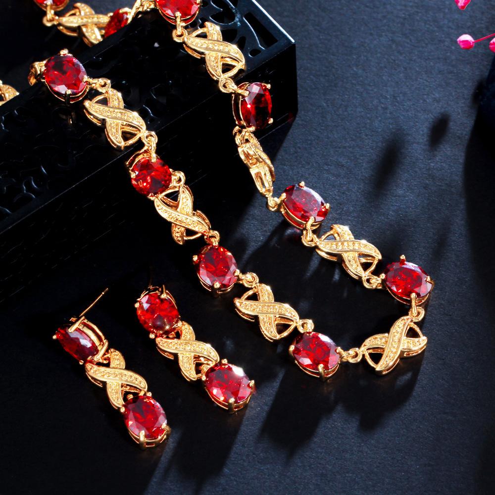 Retro Temperament Noble Earrings Necklace Set Chain, Electroplated 18K Gold Zircon Dinner Dress Set