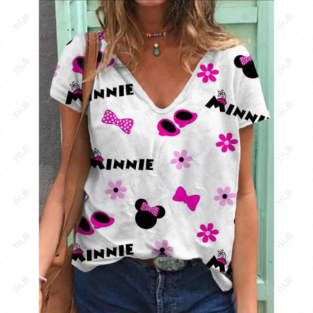Sommer Ny Mote Dame V-hals Topp Kort Ermet T-skjorte Disney Mikke Mus Trykk Casual Gate Allsidighet Y2K Oversize-5XL