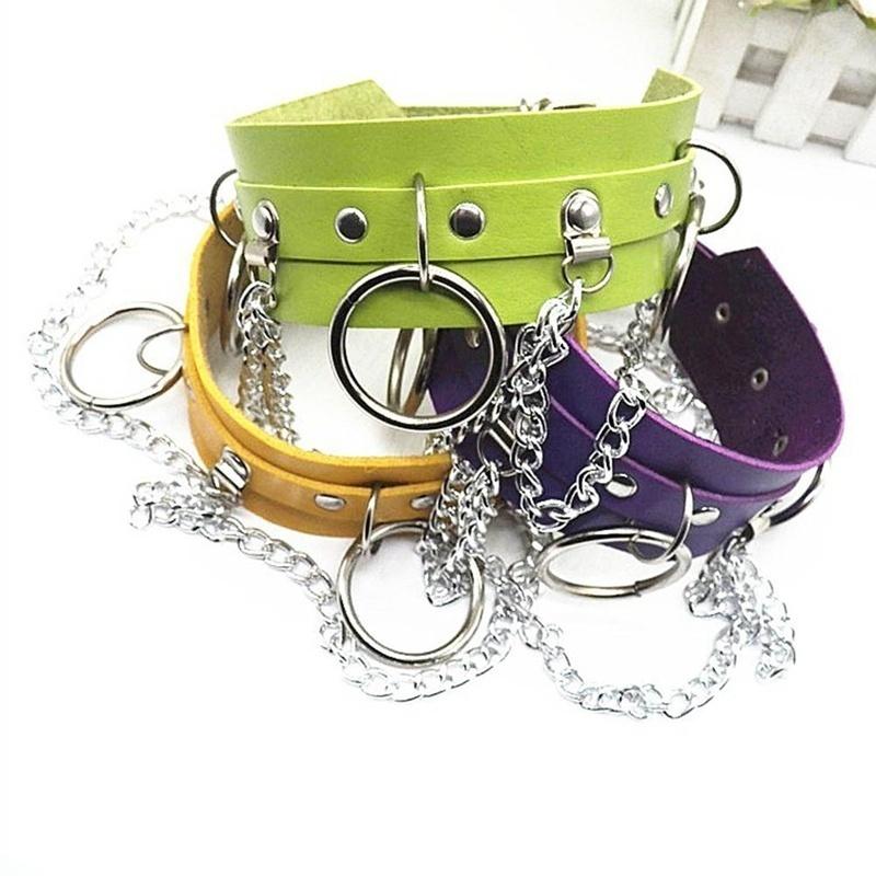 Women'S Fashion Punk Street Snap Nightclub Pu Leather Choker Metal Ring Chain Necklace Collar Rivets Goth Belt Adjustable Buckle Neck Accessories
