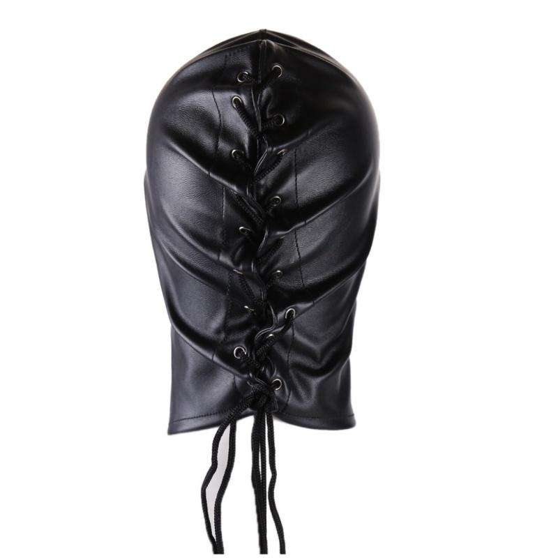 Unisex Damen Herren Cosplay Gesichtsmaske Halloween Sexy PU Leder Kordelzug Vollmasken Kapuze für Rollenspiel Kostüm Kopfbedeckung