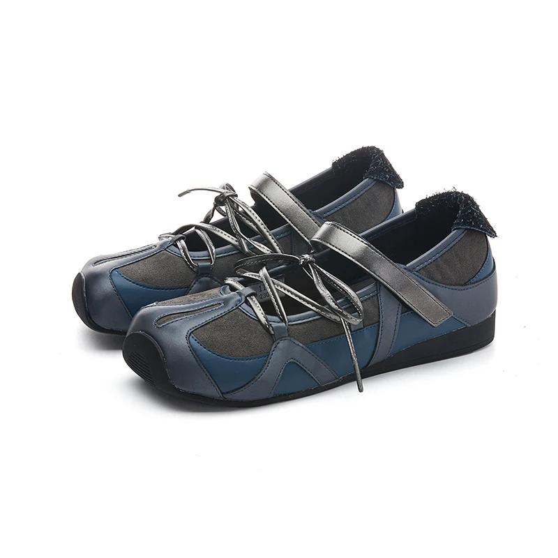 Fashion Genuine Cow Leather 2025 New Women's Flat Mary Jane Shoes Non-slip Lace-up Ballet Loafers For Women Large Size Female Shoes