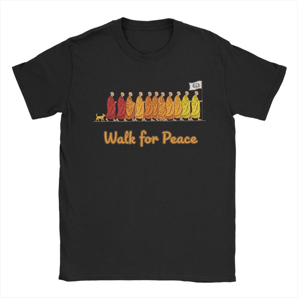Walk for Peace Buddhist Monks Inspirational Journey TShirts for Men  Vintage  Cotton Tees Round Collar Short Sleeve T Shirt