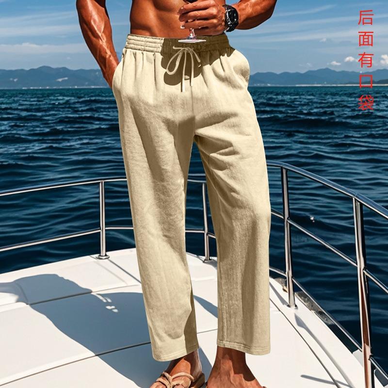 Cotton and linen large size men's pants breathable and sweat-absorbing solid color trousers basic casual wide-leg trousers