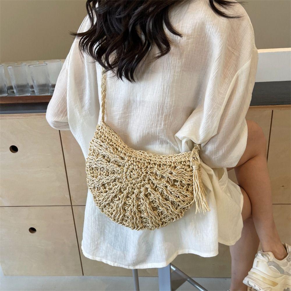 Half-round Straw Weave Bag Handmade Women's Crossbody Bag Trendy Woven Shoulder Bag  Beach