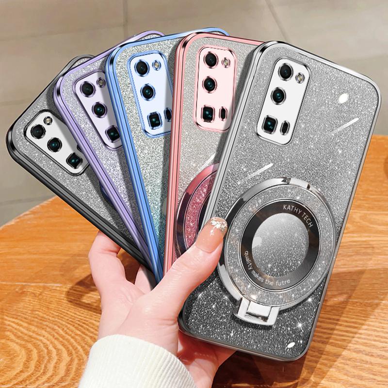 Bling Ring Holder Detachable Glitter Sticker Chromed TPU Case With Stand For Honor 30 Pro 30S 30Lite