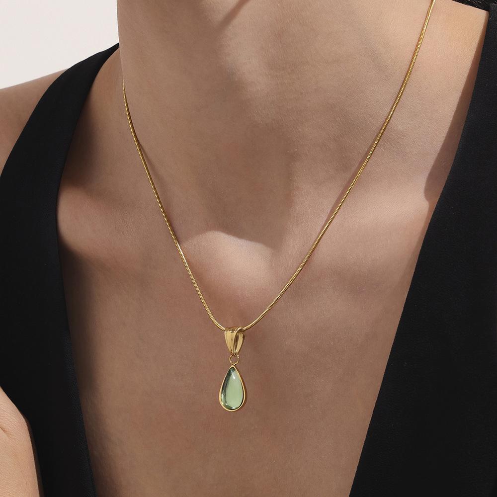 Oumaijia French Luxury Green Blue Glass Teardrop Pendant Necklace for Women – Minimalist Clavicle Chain Jewelry