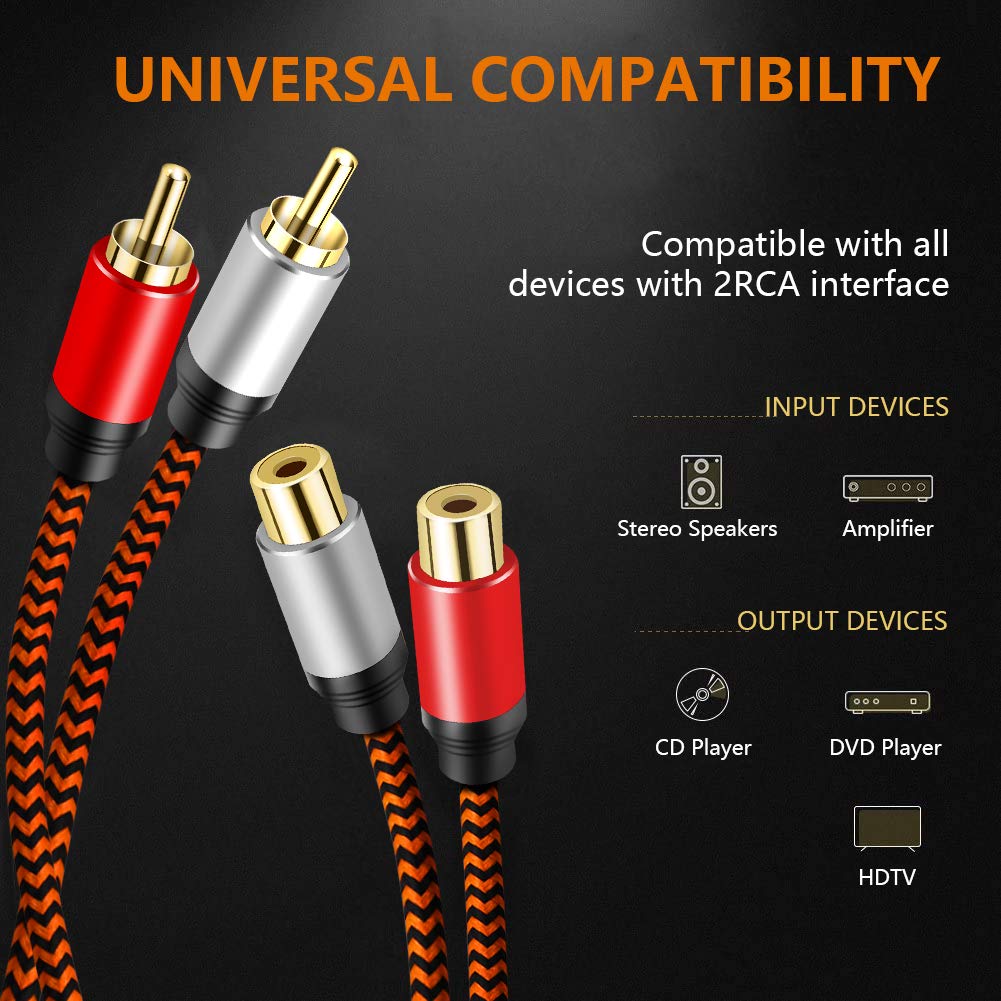 RCA Extension Cable LiuTian Dual Shielded Gold Plated Heavy Duty Nylon Braided 2RCA Male To 2RCA Female Stereo Audio for Home 2M, Cable, Theater,