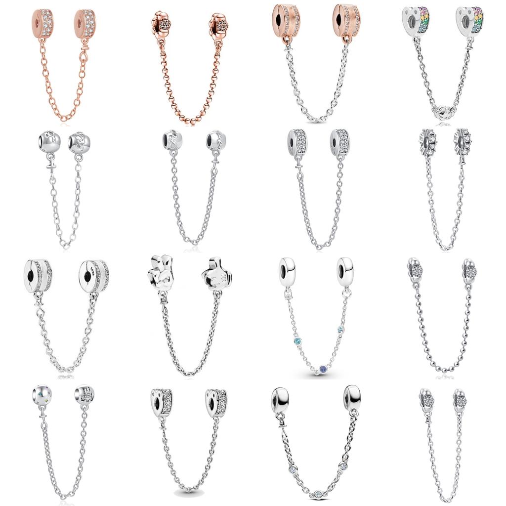 Shining Sparkling Love Heart Safety Chain Charms for Original 925 Charms Bracelet Bangle Silver Charm Bead for Women Jewelry