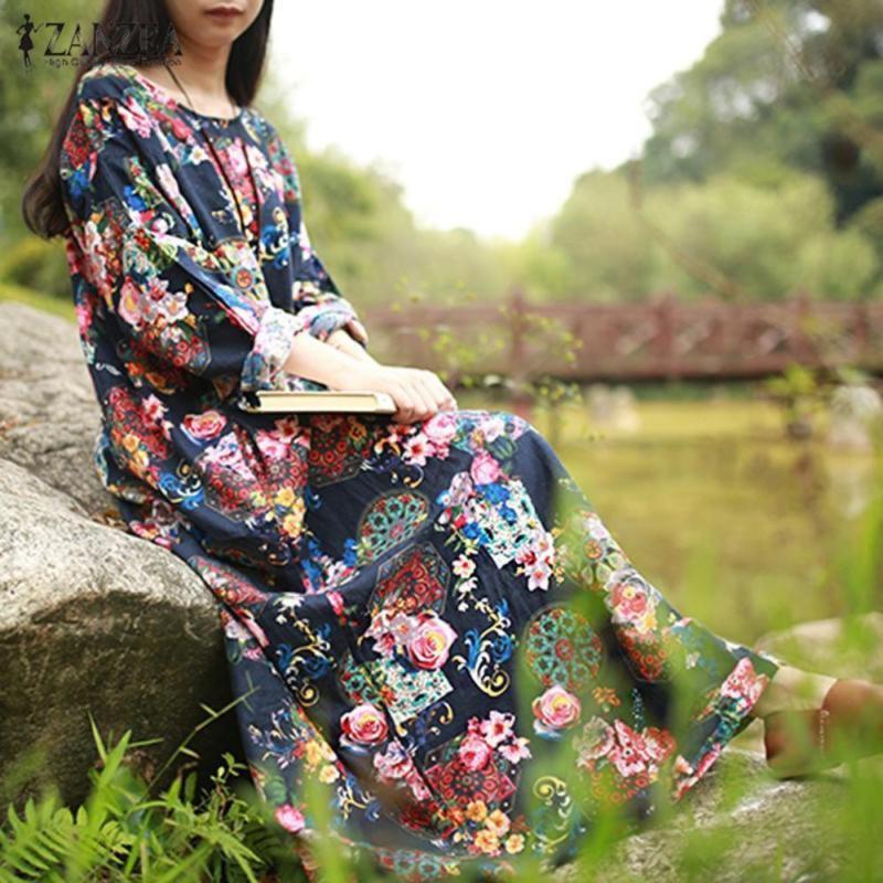 Women Vintage Casual Floral Printed Loose Dress Kaftan Long Maxi Shirt With Timeless Design