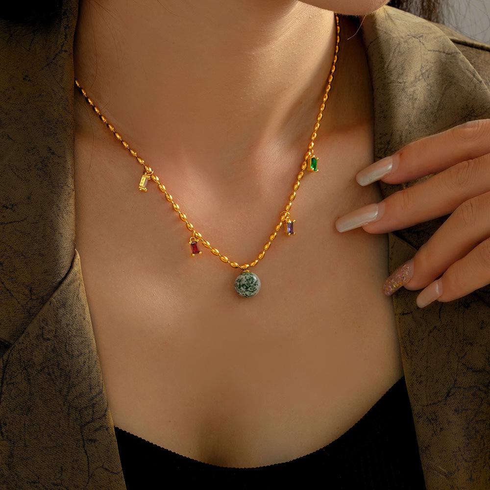 Contemporary Geometric Zircon Pendant on Titanium Steel Rice Bead Chain for Women