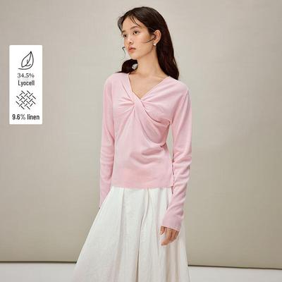 INMAN Women's Lyocell Linen V-Neck Twisted Knit Pullover Top