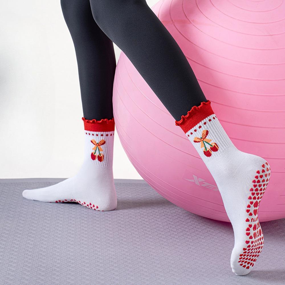 Sports Socks, Women's Lace Mid-calf Socks, Professional Anti-slip Yoga Socks, Heart-shaped Strawberry Cherry Fruit Pilates Socks