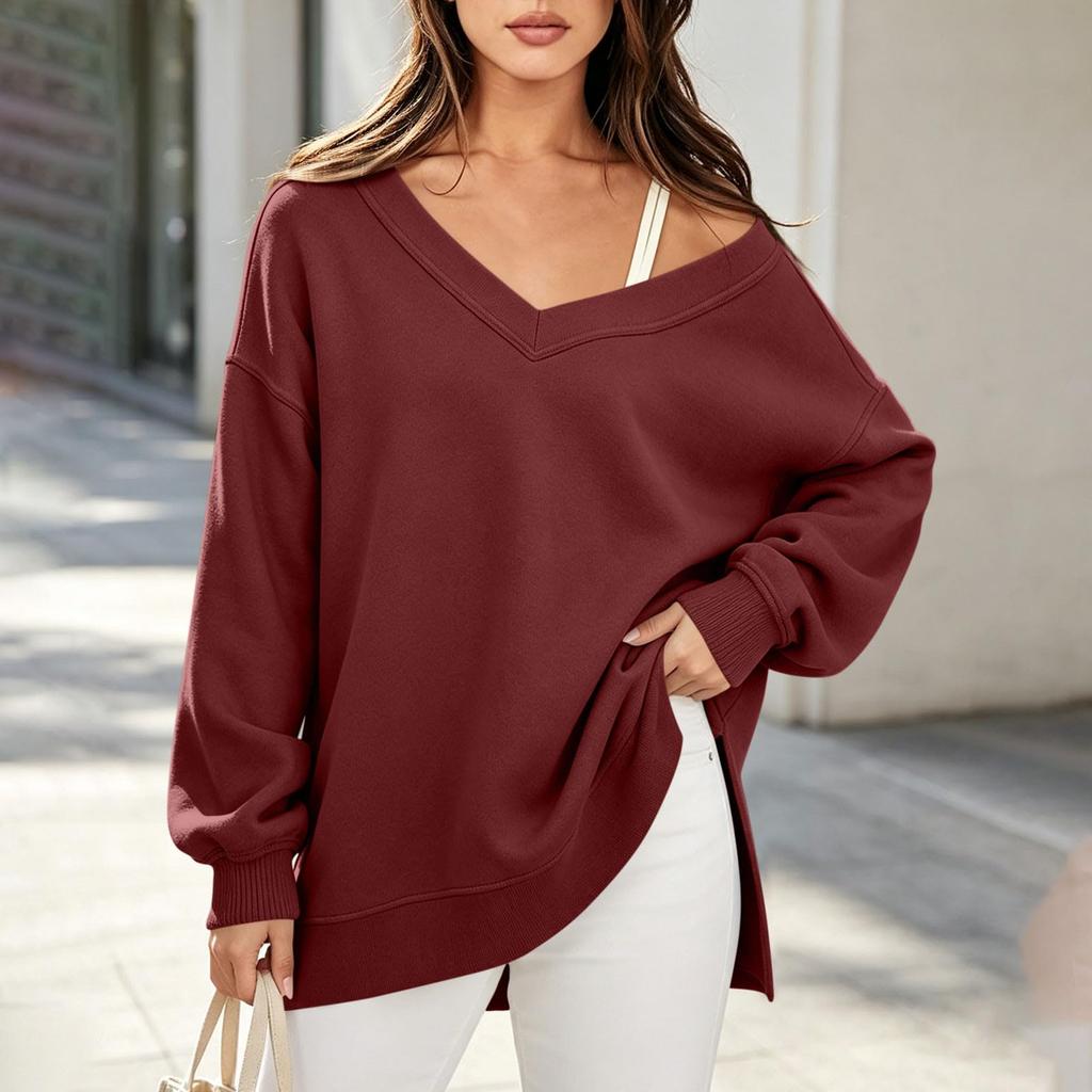 Damen Casual V-Ausschnitt Langarm Farbiger Lockerer Schnitt Sweatshirt mit Seitenschlitz