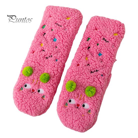 1 Pair Winter Floor Socks Cartoon Design Animal Embroidery Ultra Thick Fleece Keep Warm Mid-tube Non-slip Slipper Socks