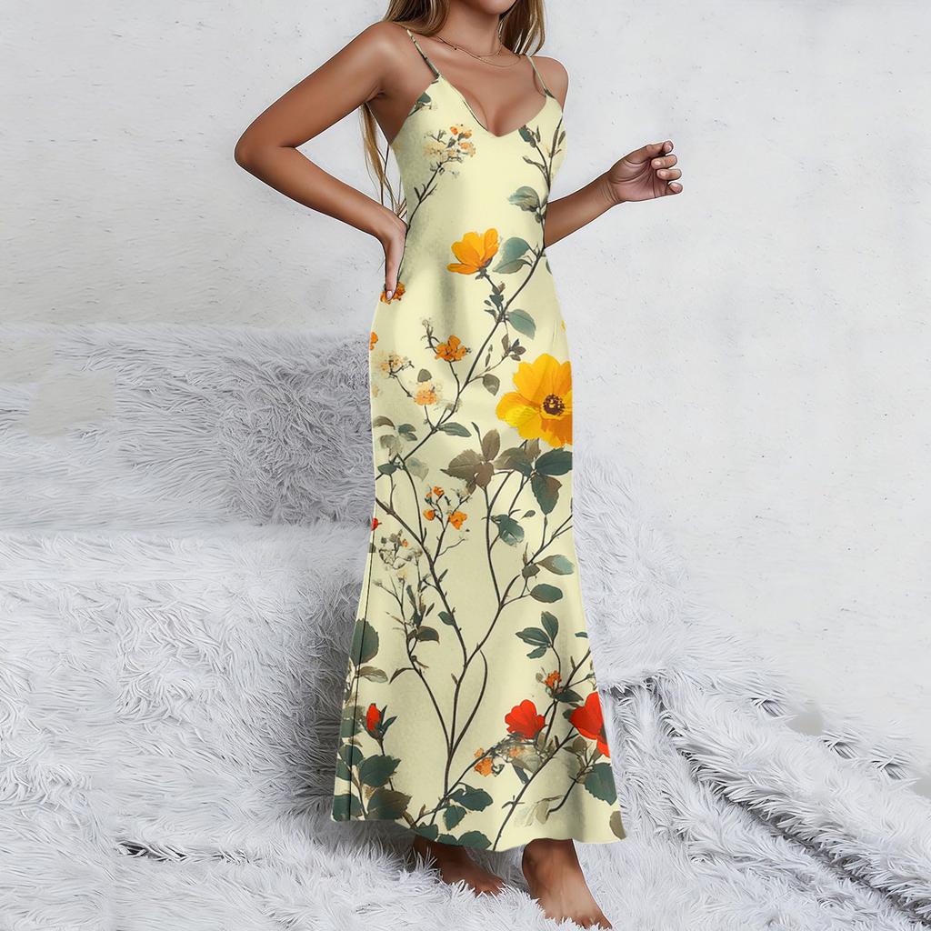 Ladies' floral nightgown sexy suspender nightgown slit sexy thin home outfit