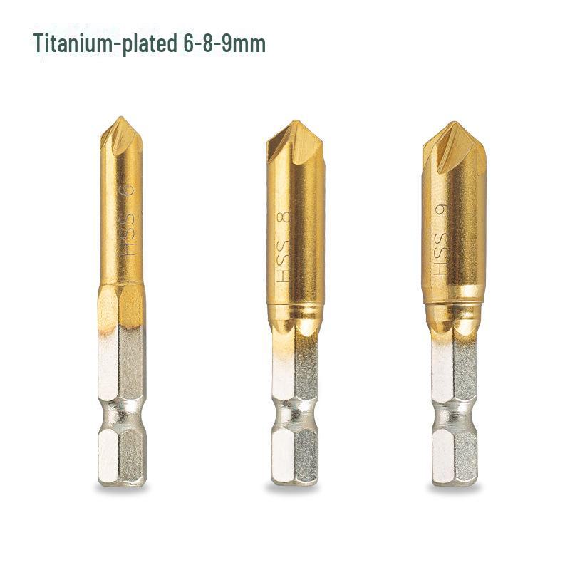6-Piece Titanium-Plated Hex Handle Chamfering Knife & 3-Piece Hole Reamer Set (12mm, 16mm, 19mm) for Woodworking Countersink