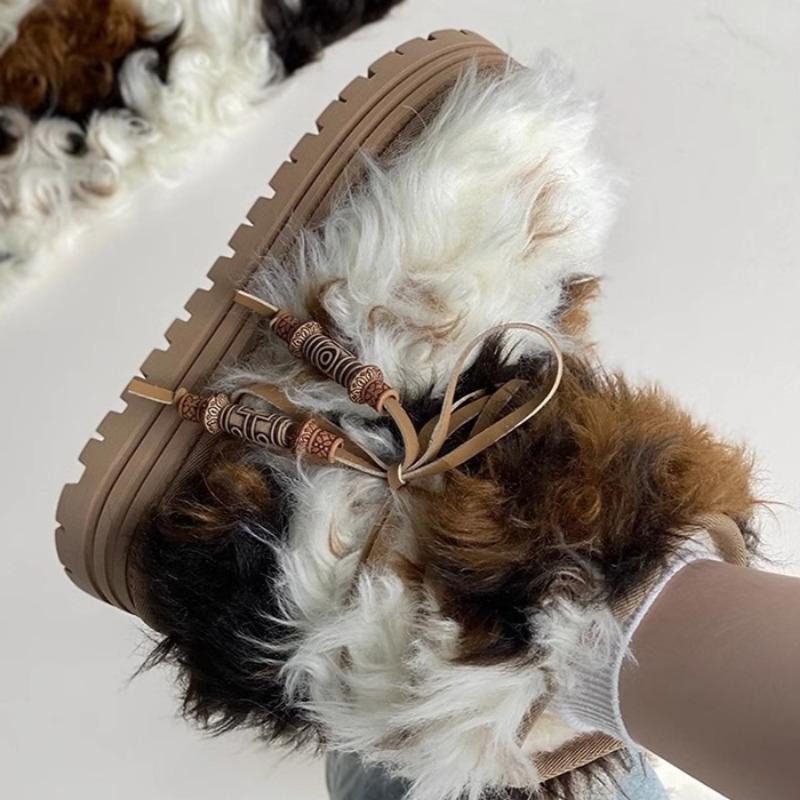 Fashion Bow Bead Fur Platform Women Ankle Snow Boots Flats Plush Cotton Shoes Woman Brand Winter New Trend Warm Casual Shoes Botas Mujer