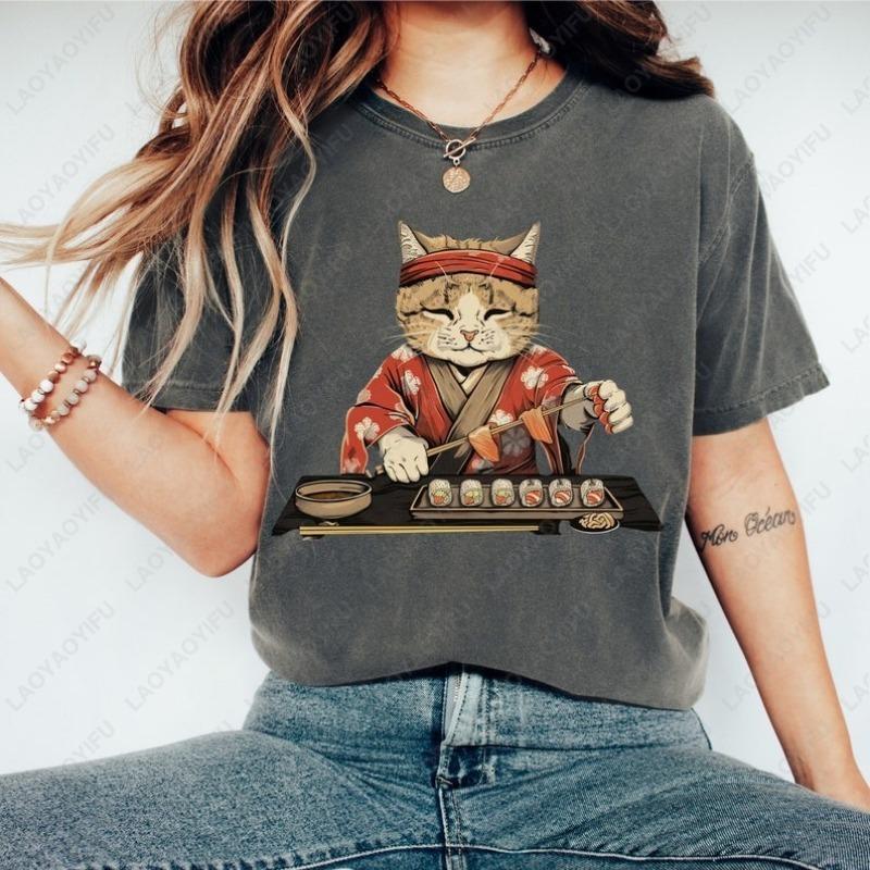 Funny Sushi Kitten Chef Oneck Printed Unisex Tops Creative Trend Cat Lover Gift Shirt for Women Japanese Food Cotton Tshirt