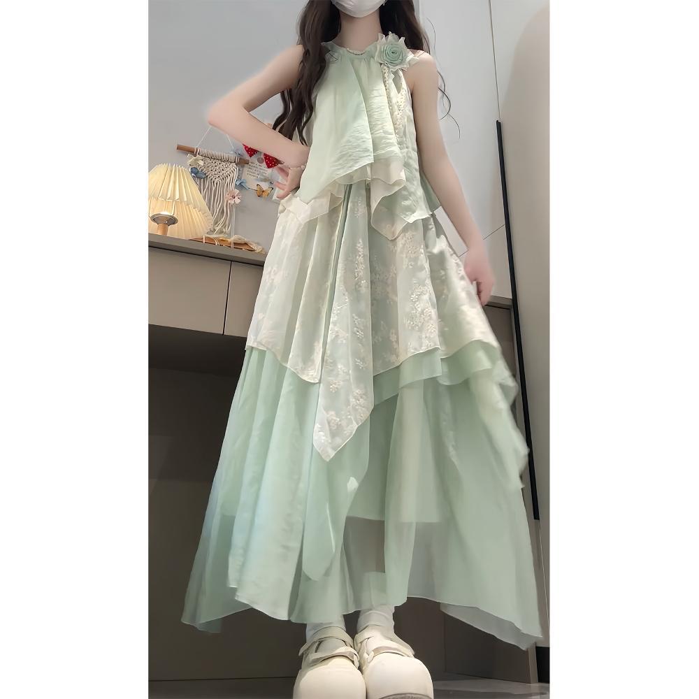 Seaside Vacation Mint Green Sleeveless Neck Dress Irregular Lace Splicing Loose Temperament Long Dress Summer
