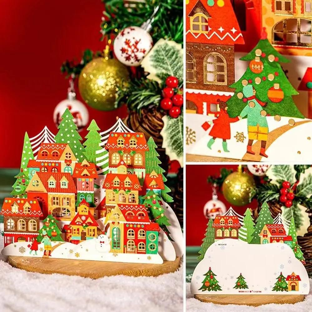 Paper Christmas 3D Greeting Card Gold Plated Craft Merry Christmas Blessing Cards Ornaments with Envelope Paper Carving Postcard
