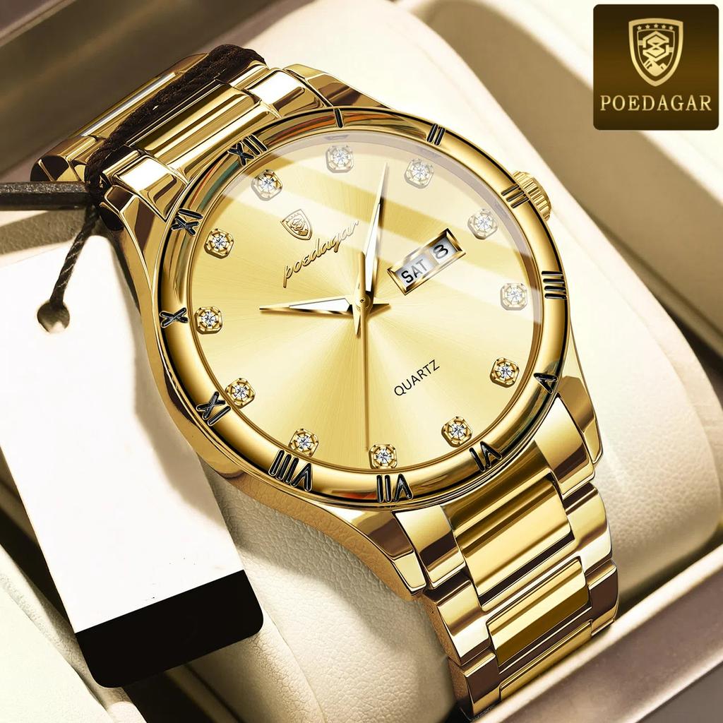 POEDAGAR Luxury Men's Quartz Watch Date Week Waterproof Luminous Man Watch Stainless Steel Casual Fashion Watches For Men