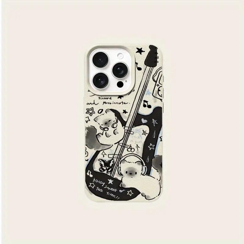 A Guitar Cat Patterned Lychee-Textured Phone Case, Suitable for iPhone 17, 16, 15, Plus, Pro, Max Series Phones — Can Be Used as a Gift