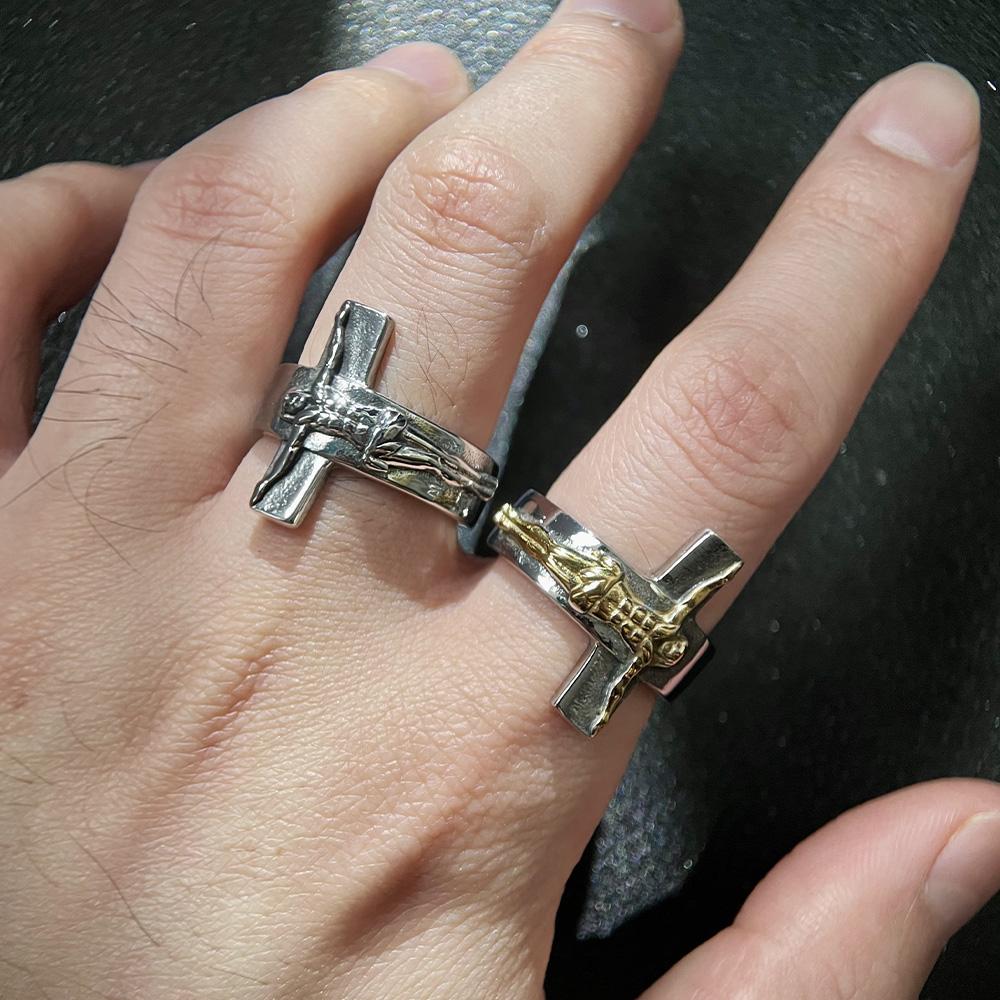Retro Cross Jesus Stainless Steel Ring for Men & Women Antique Gothic Metal Ring Zircon Christian Accessories Blessing Gift