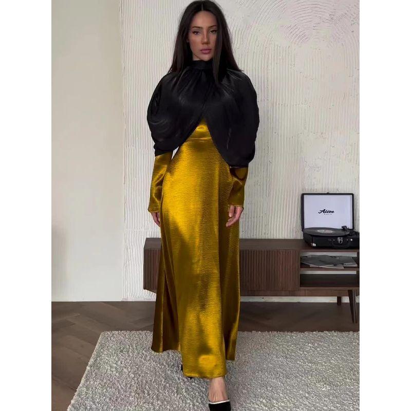 

Fashion Wind Patchwork Waist-Slimming Stylish Dress Half High Neckline Waist up Dress Image color S