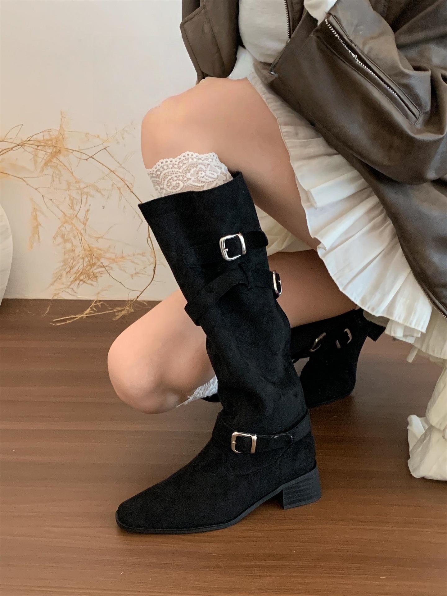 

Каблук 5 см~ ретро ковбойские сапоги женские осенне-зимние сапоги-рыцари с квадратным носком сапоги с пряжками сапоги-слим 40