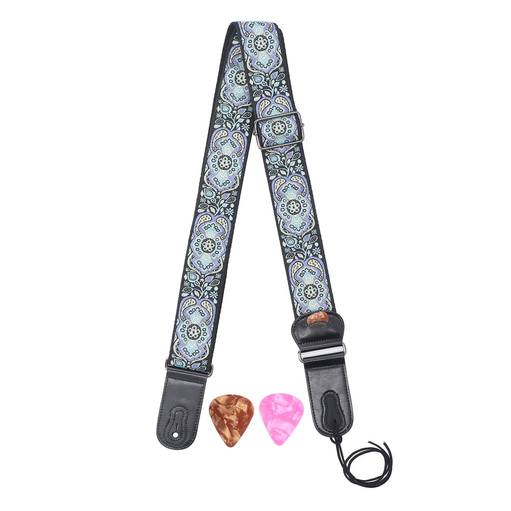 Ethnic Guitar Strap 2 Inch Widened Adjustable Length Leather Cotton Guitar Strap with Pick Holder for Bass Ukulele Type