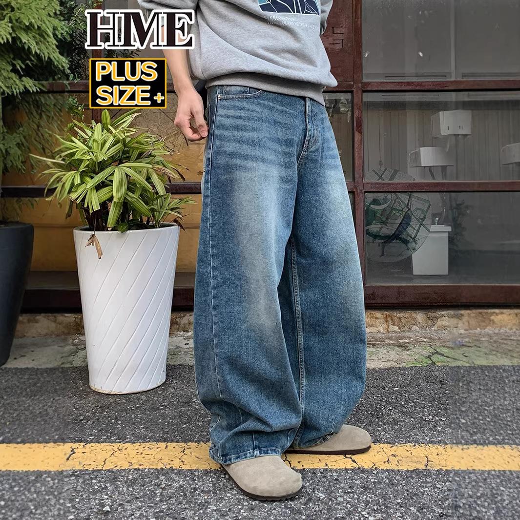 Plus size men s jeans, loose casual wide-leg straight-leg men s long pants from Europe and America XL джинсовый синий