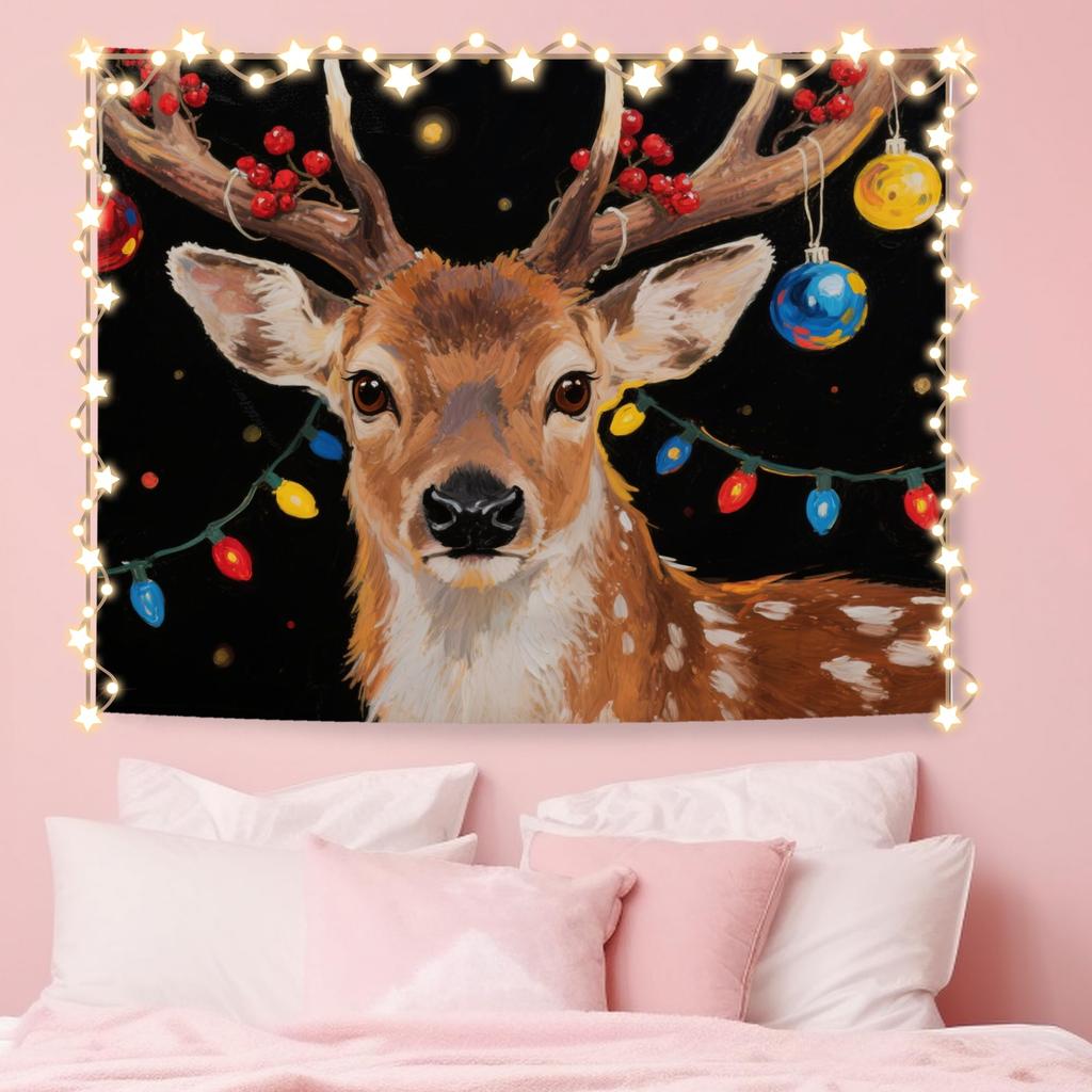 Winter Christmas Deer Tapestry,Rustic Christmas Wall Tapestry For Bedroom, Winter Snowy Forest Xmas Deer Tapestries Wall Hanging